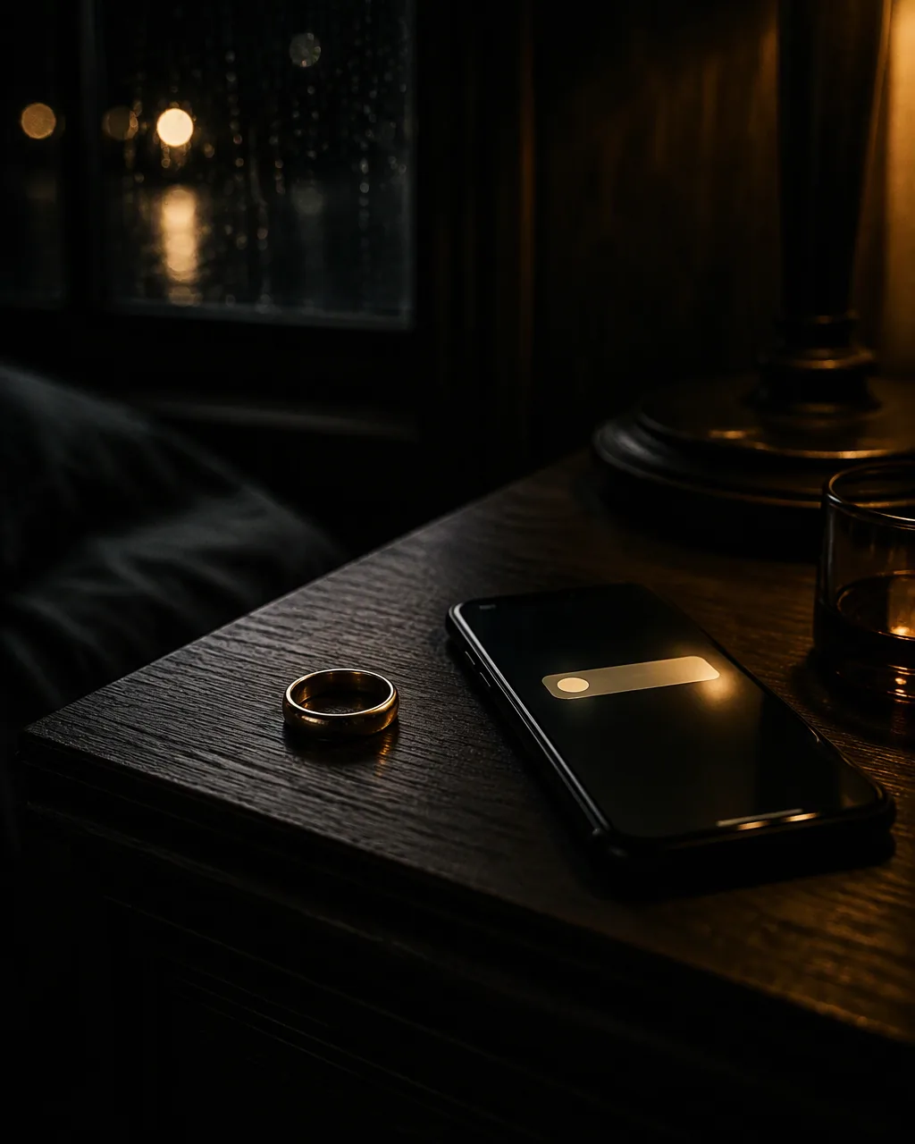 A wedding ring beside a glowing phone on a nightstand at night