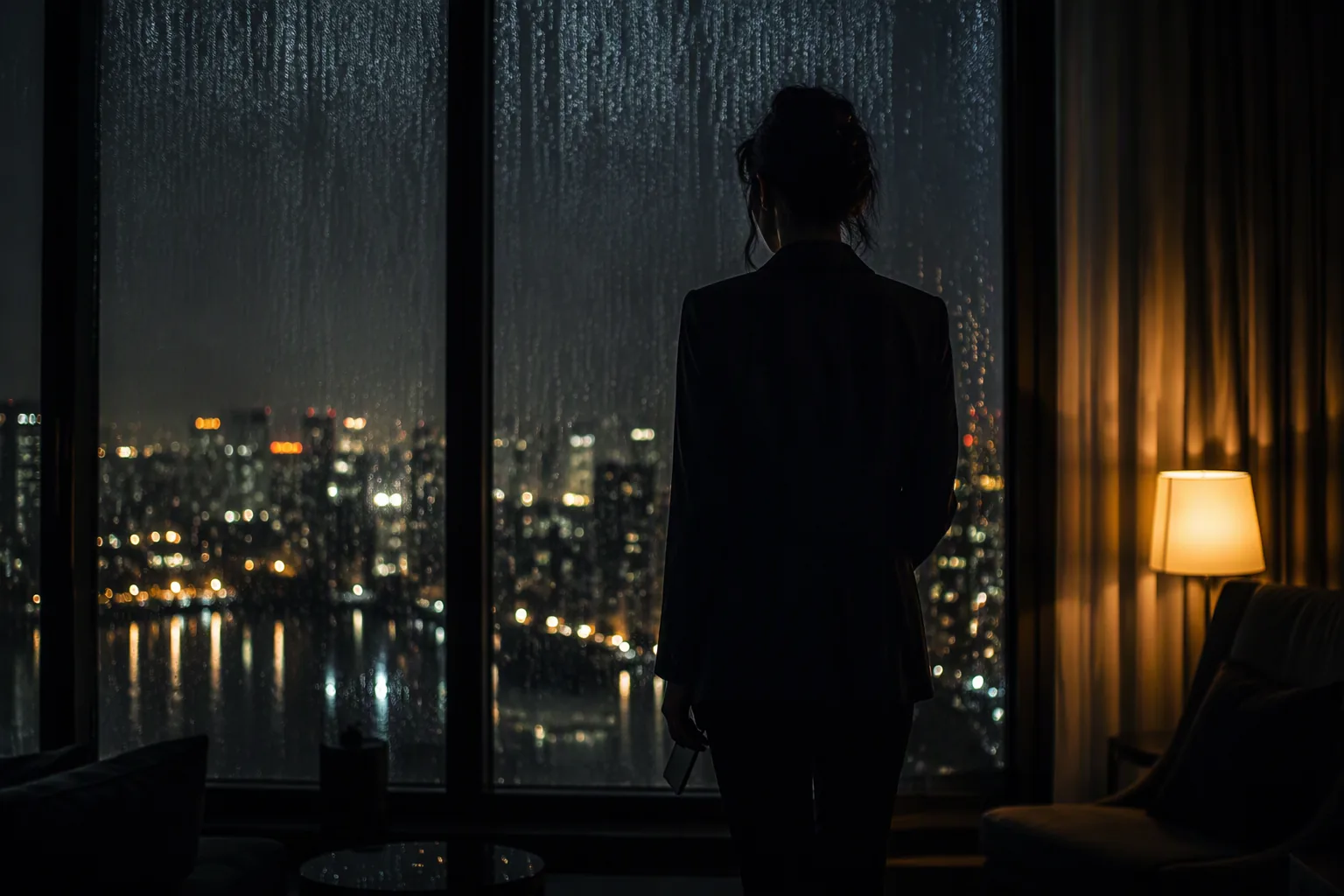 A woman silhouetted at a rain-streaked window at night, city lights below